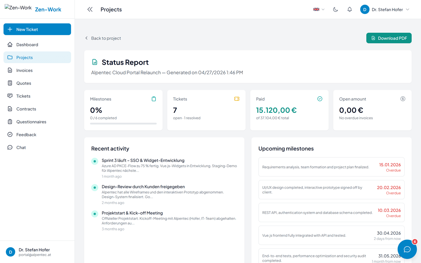 Status report in the customer portal